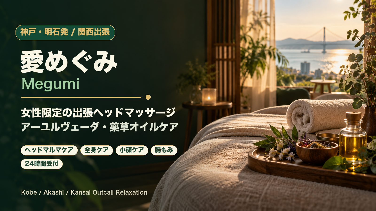愛めぐみ Megumi 神戸 明石 関西 出張ヘッドマッサージ アーユルヴェーダ 薬草オイル 女性限定